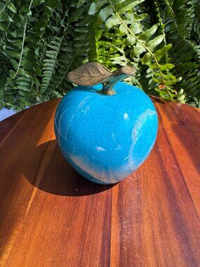 Vintage Turquoise Blue Marble/ Alabaster Apple Paperweight, with metal Leaf&Stem